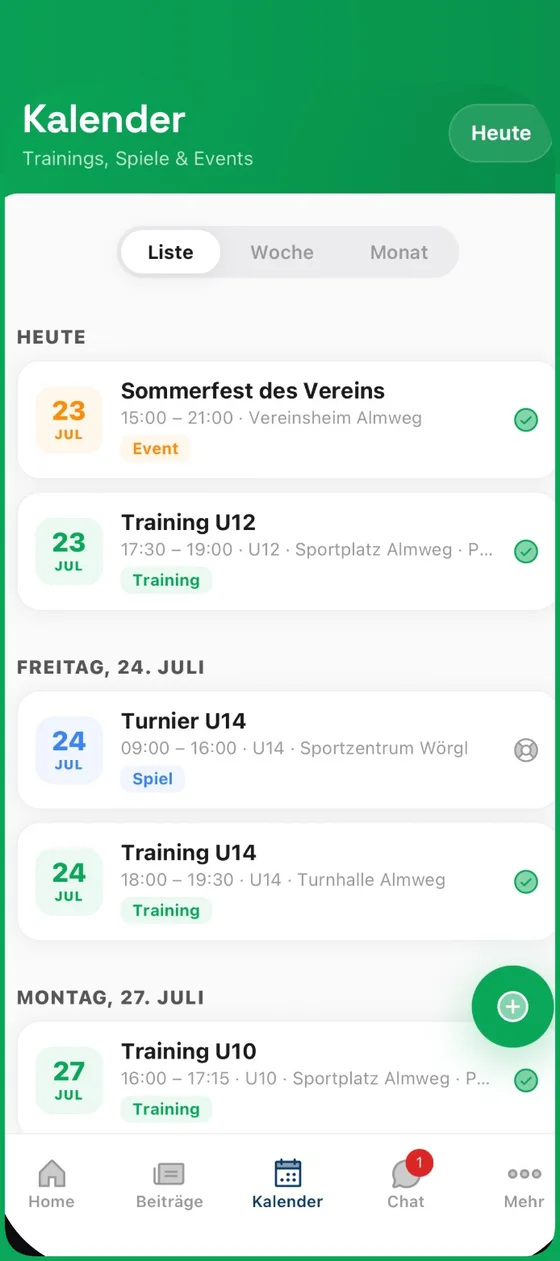 Kinovo App: Kalender mit Trainings und Spielen