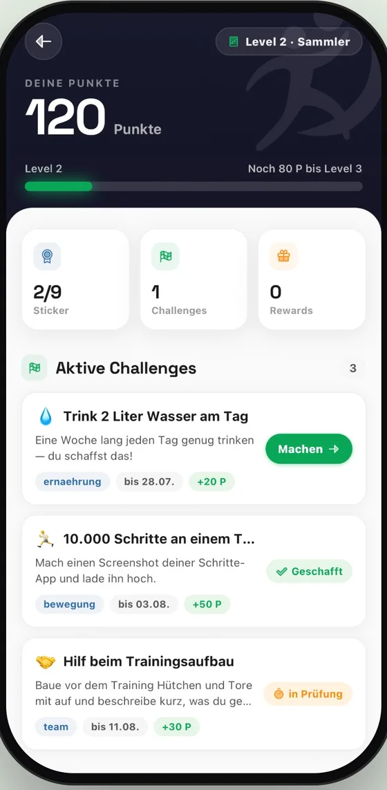 Kinovo+ in der App: 120 Punkte, Level 2, Sticker und drei laufende Challenges