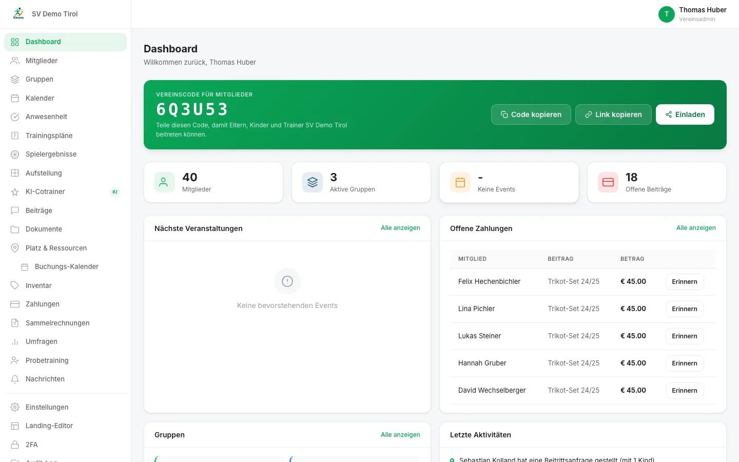Kinovo Dashboard mit Vereinscode, Kennzahlen und offenen Zahlungen