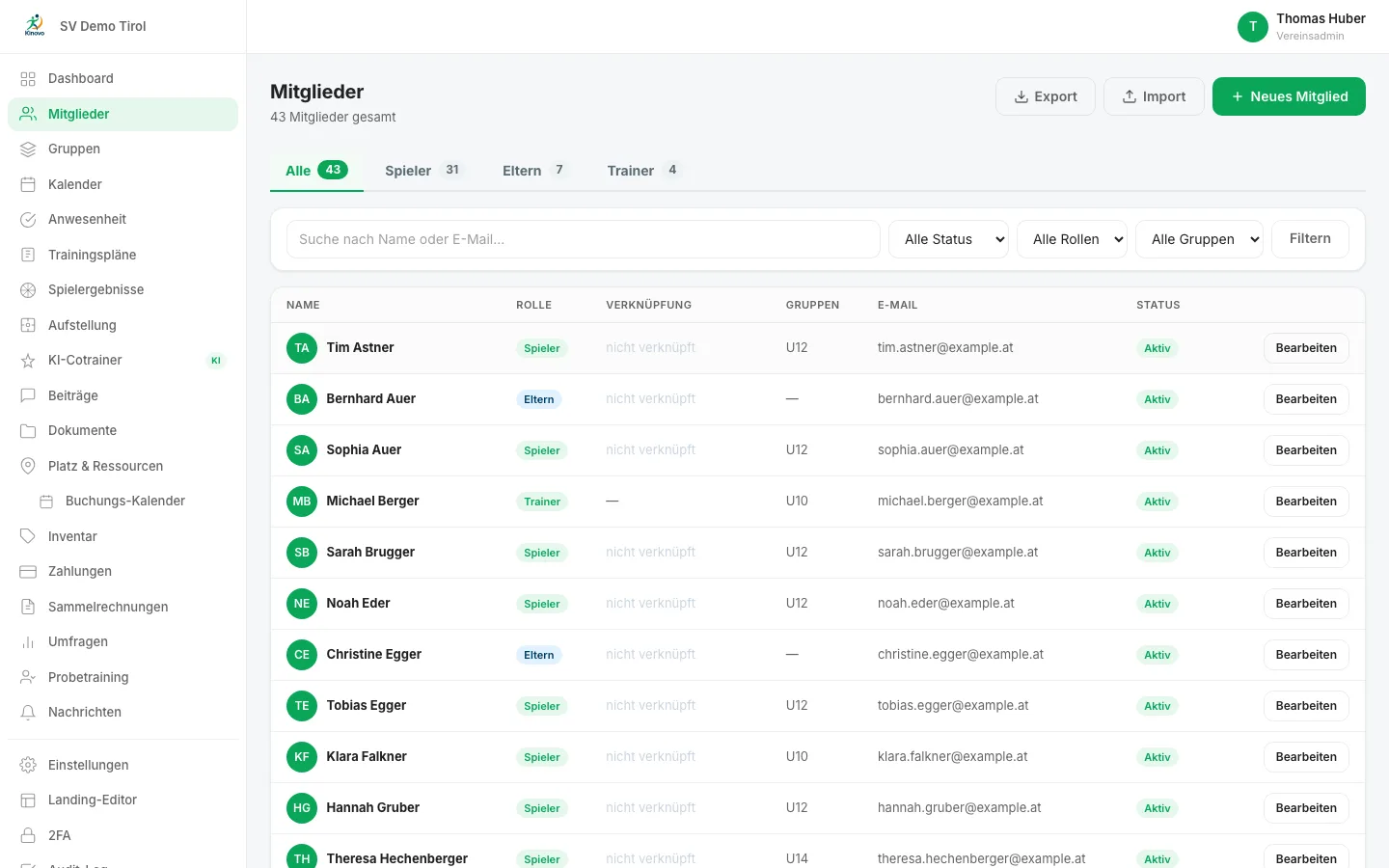 Mitgliederliste mit Filter, Suche und Status