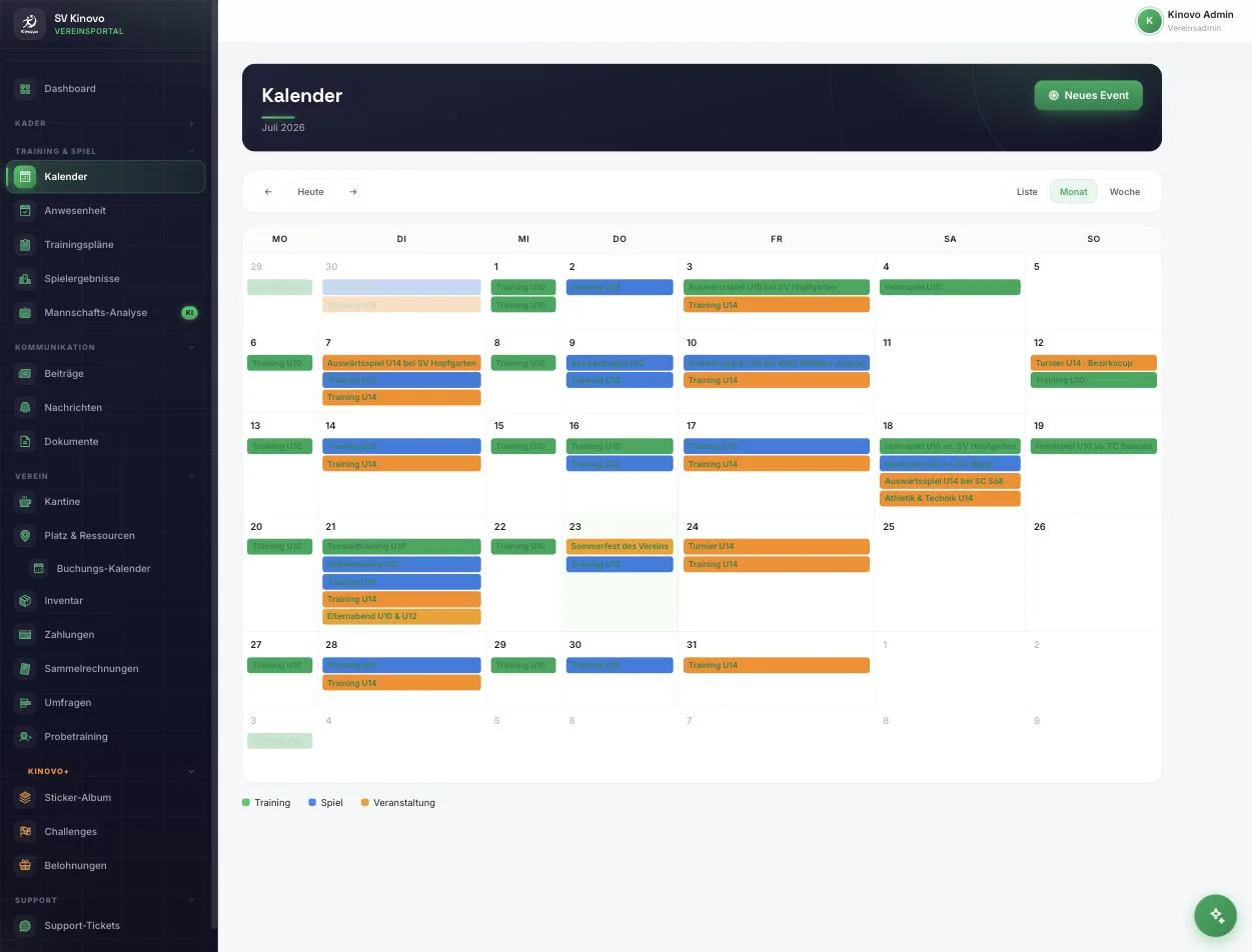 Kinovo Kalender mit allen Trainings und Spielen eines Vereins